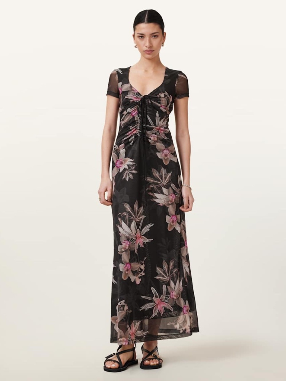 Allsaints Gabby Floral Print Mesh Maxi Dress Women US 12 UK 16 Adena Black NEW!!